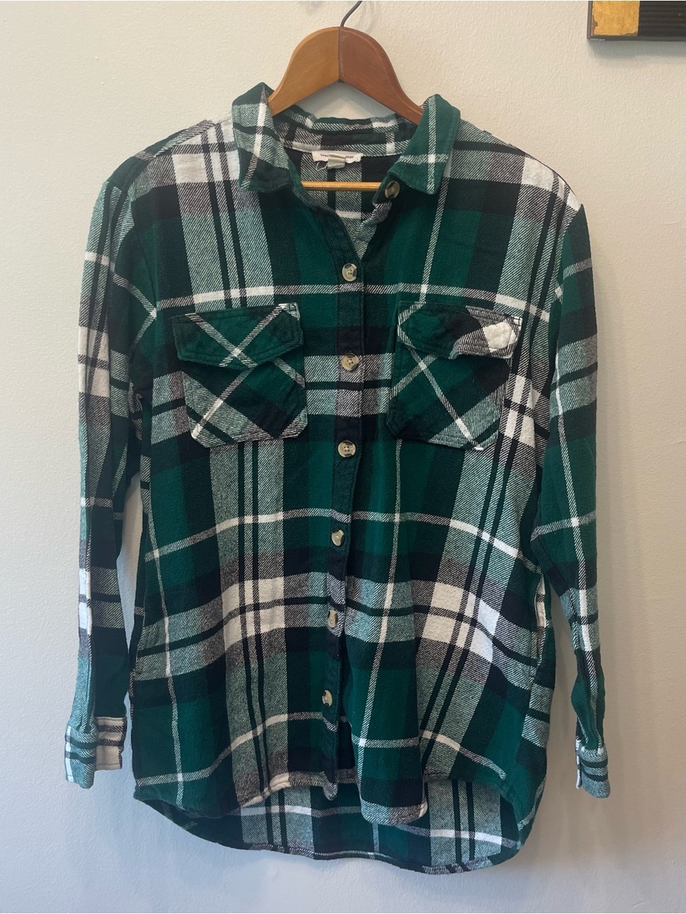 Beach Lunch Lounge Cotton Plaid Top with Pockets size medium green